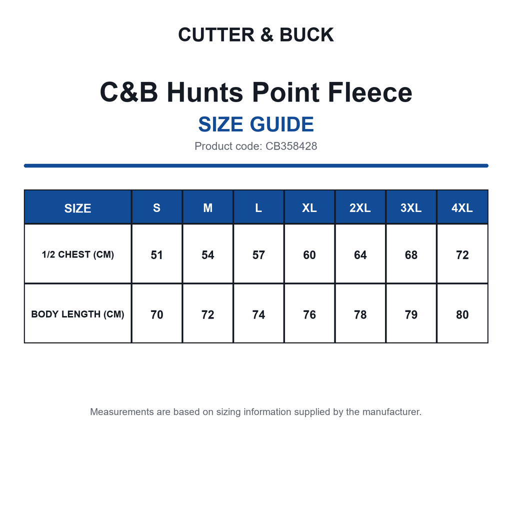 CB358428 C&B Hunts Point Fleece size guide (CB358428)
