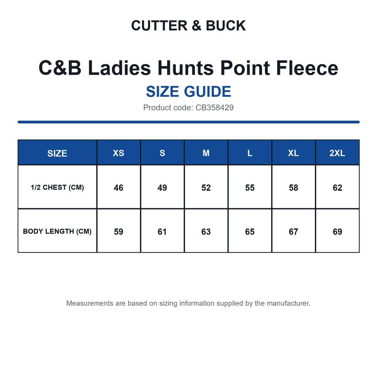 CB358429 C&B Ladies Hunts Point Fleece size guide (CB358429)