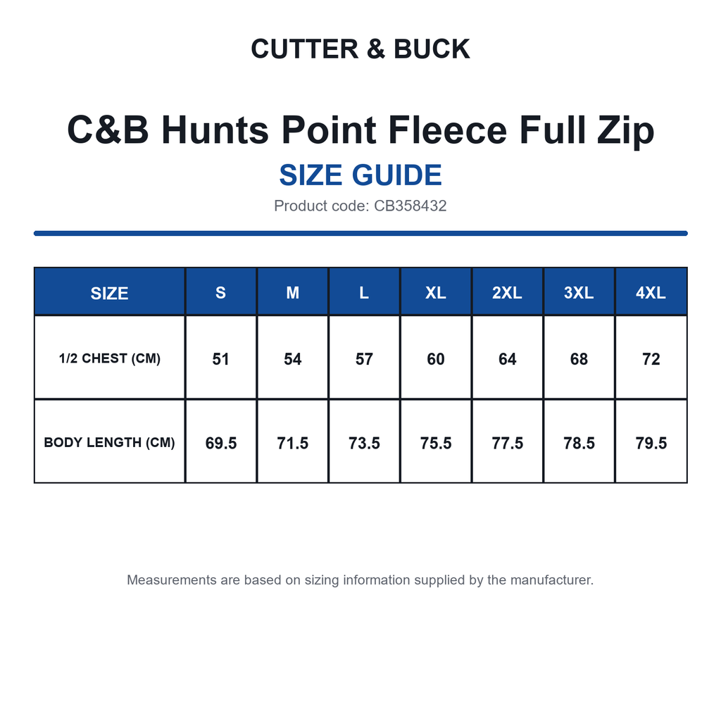 CB358432 C&B Hunts Point Fleece Full Zip size guide (CB358432)