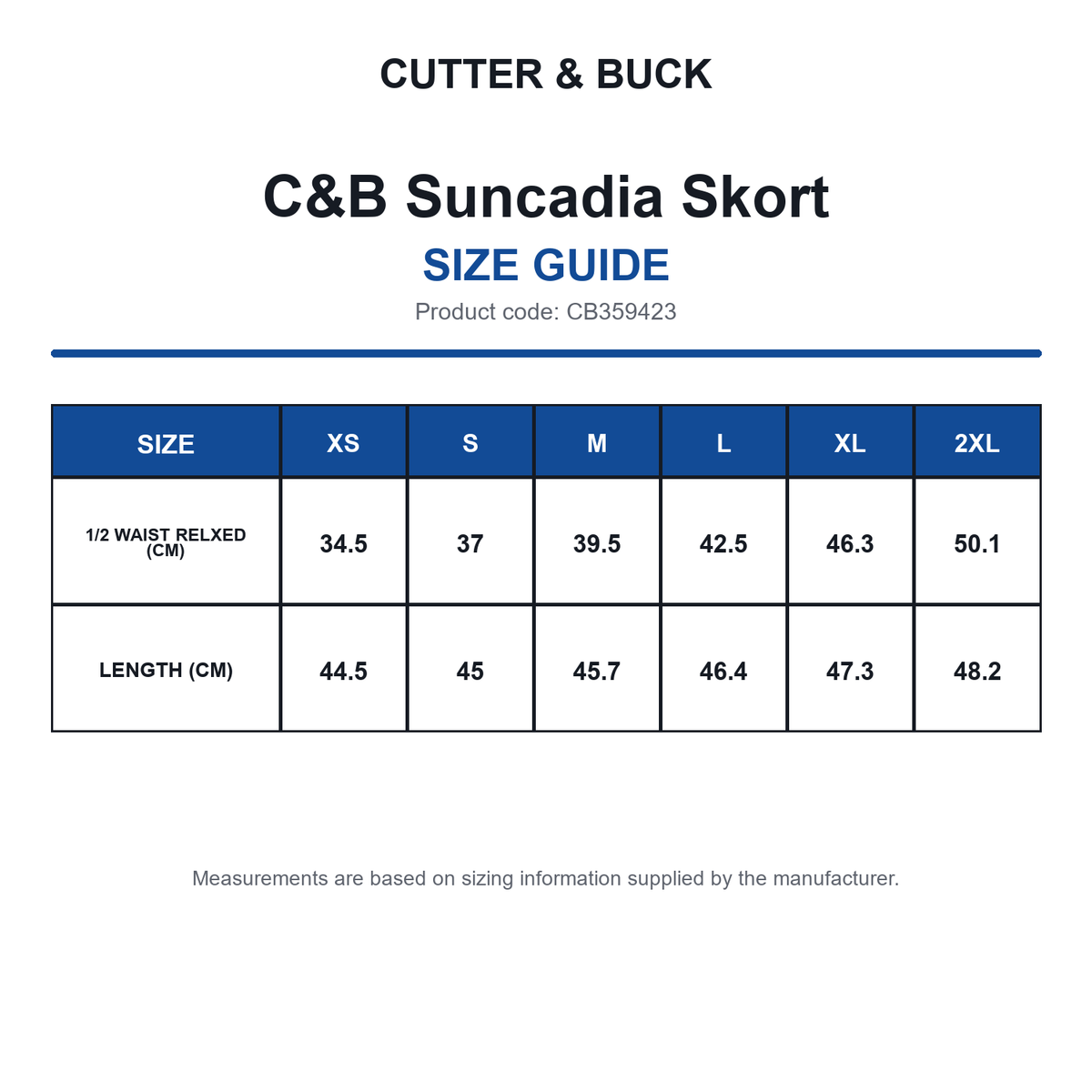 CB359423 C&B Suncadia Skort size guide (CB359423)