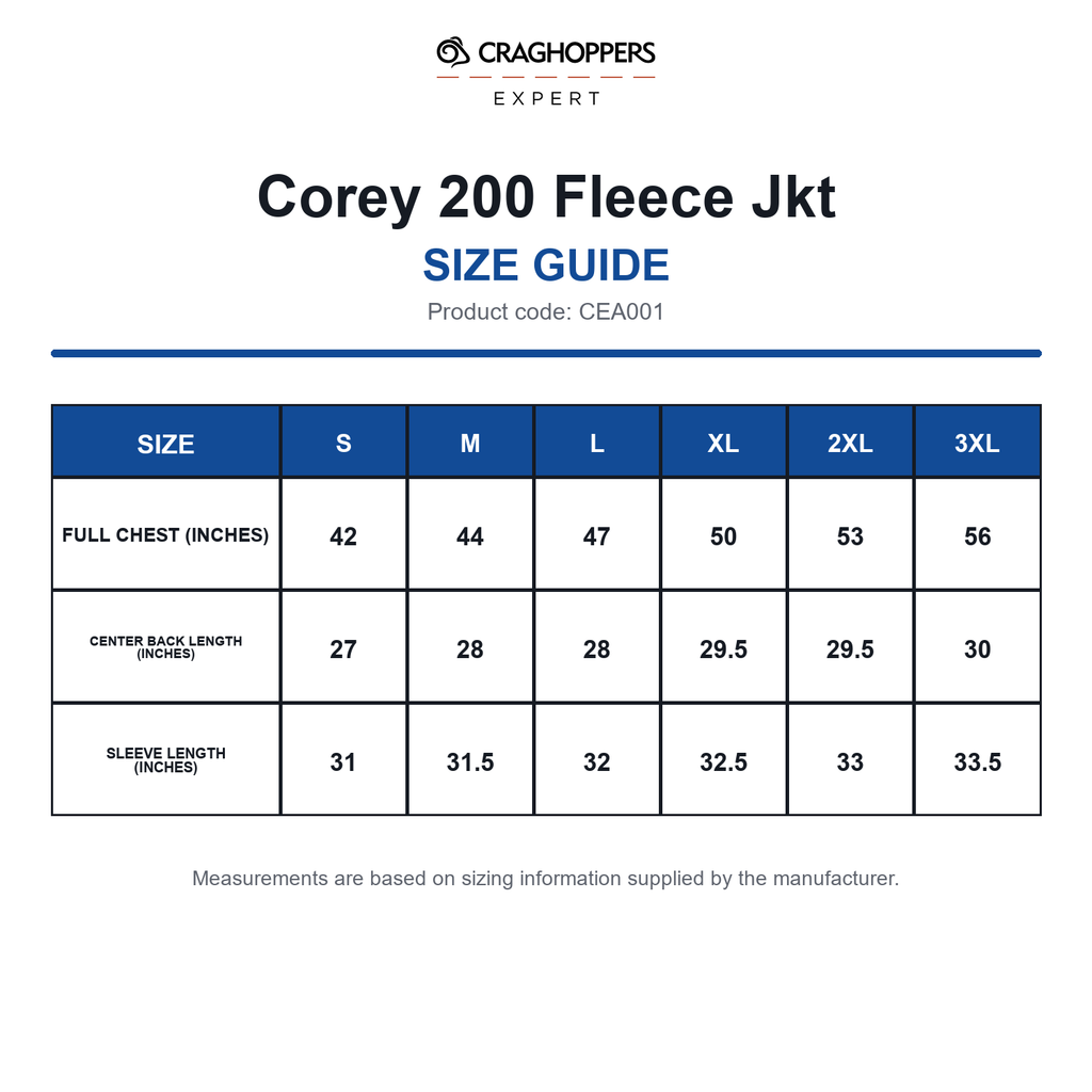 CEA001 Craghoppers Expert Corey 200 Fleece Jkt size guide (CEA001)