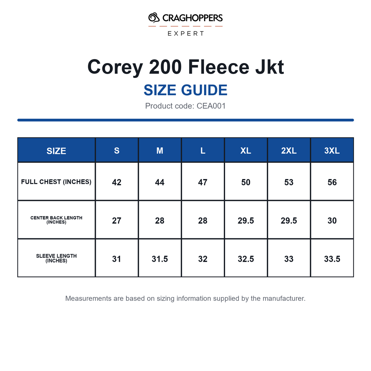 CEA001 Craghoppers Expert Corey 200 Fleece Jkt size guide (CEA001)