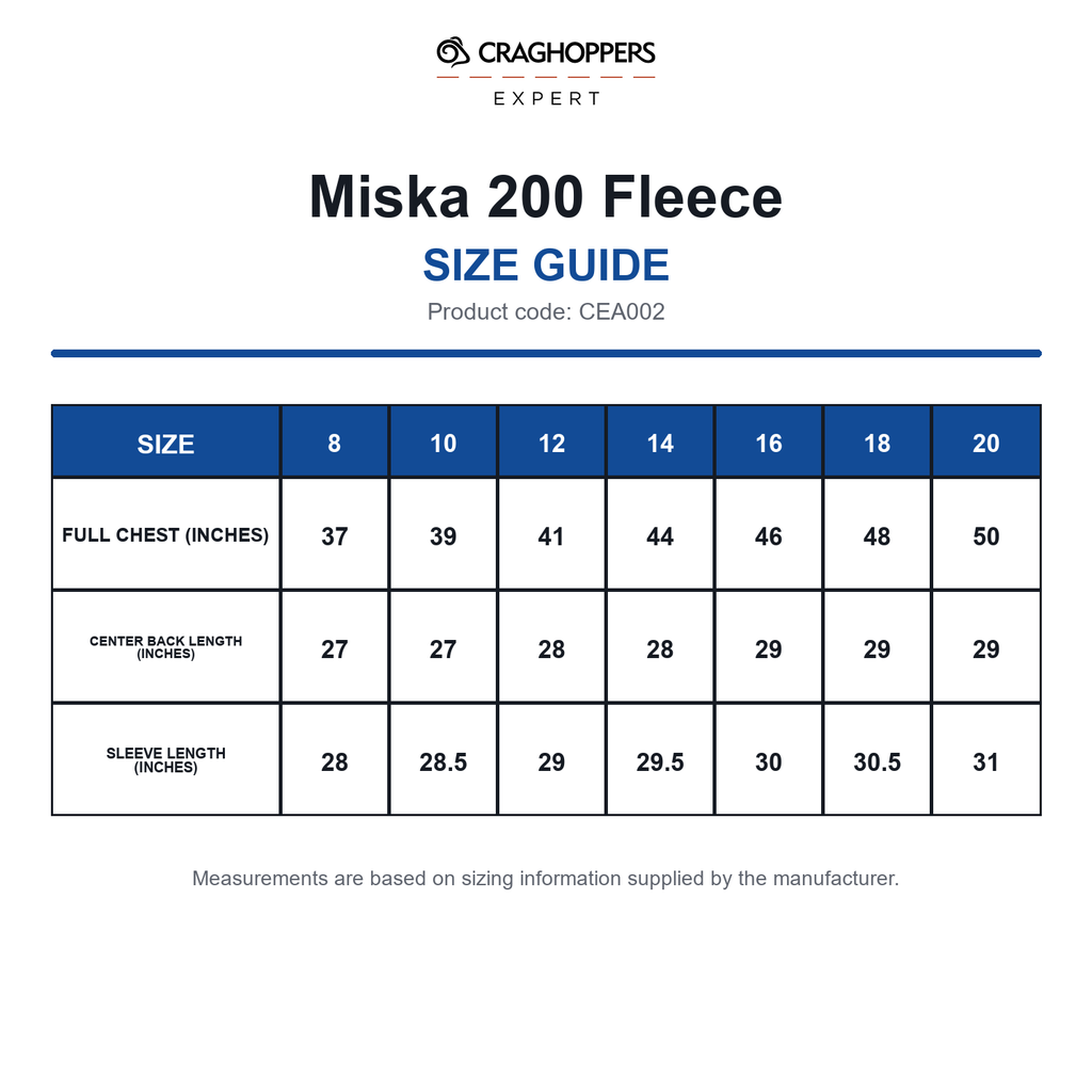 CEA002 Craghoppers Expert Miska 200 Fleece size guide (CEA002)