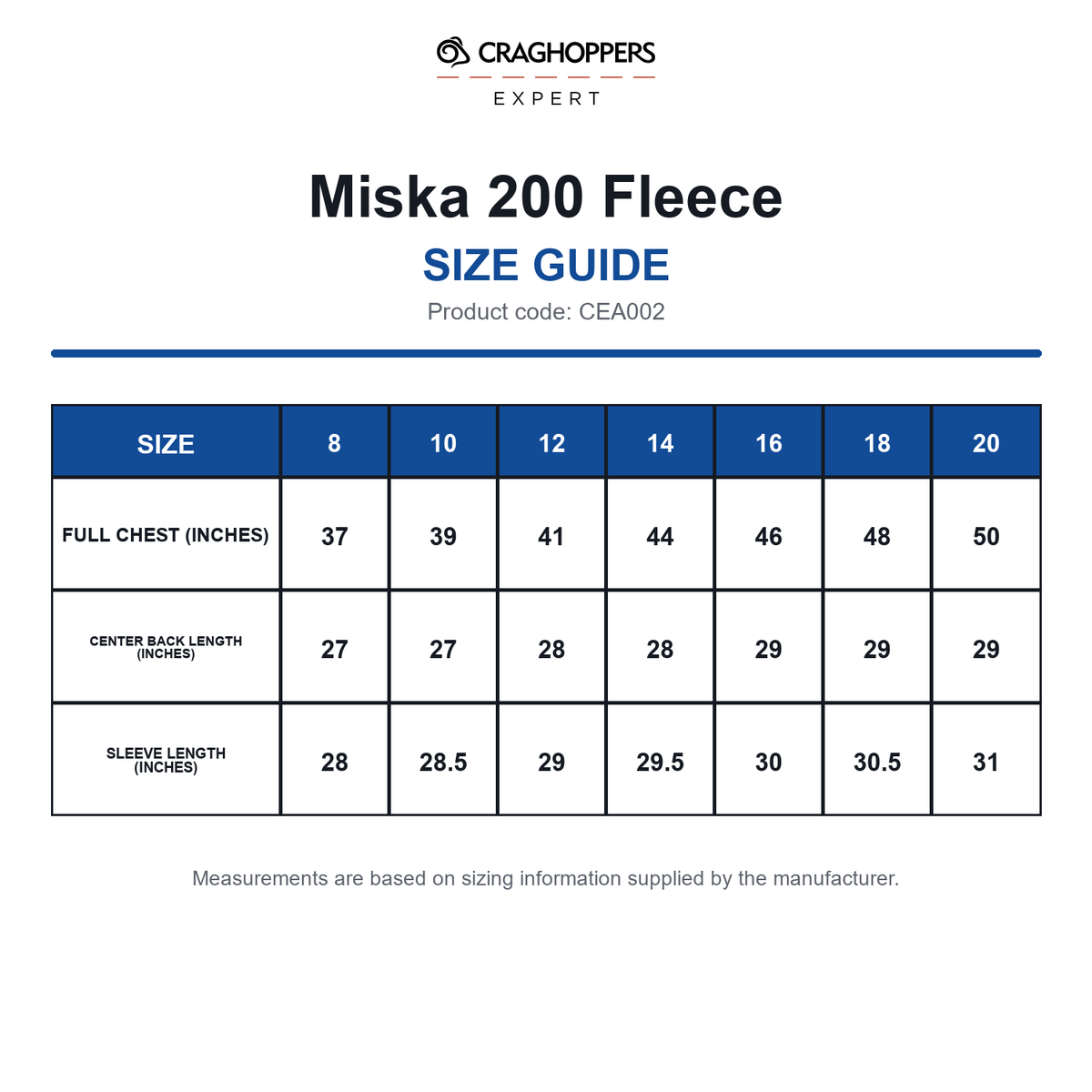 CEA002 Craghoppers Expert Miska 200 Fleece size guide (CEA002)