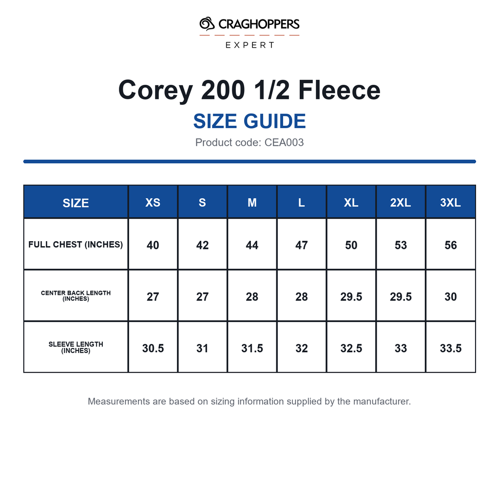 CEA003 Craghoppers Expert Corey 200 1/2 Fleece size guide (CEA003)