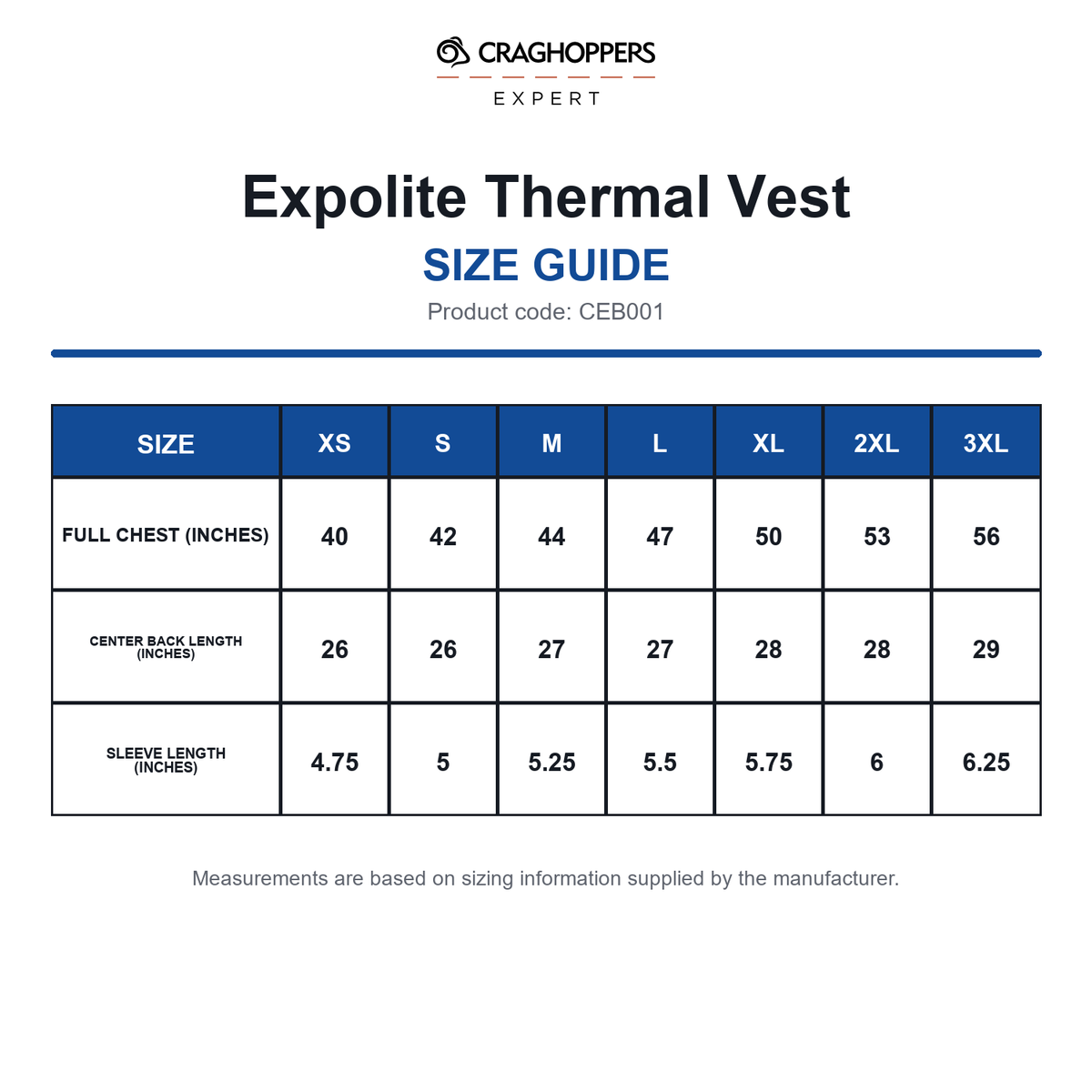CEB001 Craghoppers Expert Expolite Thermal Vest size guide (CEB001)