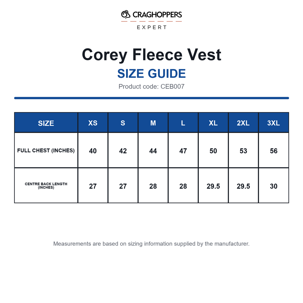 CEB007 Craghoppers Expert Corey Fleece Vest size guide (CEB007)