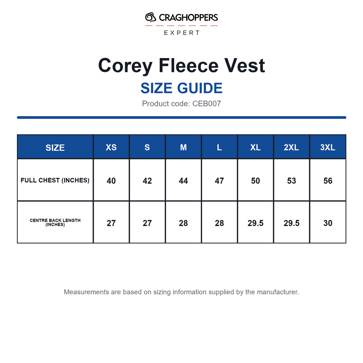 CEB007 Craghoppers Expert Corey Fleece Vest size guide (CEB007)