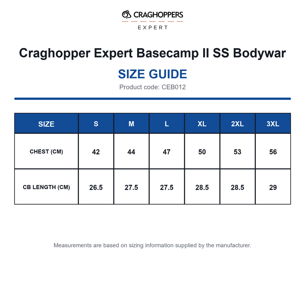 CEB012 Craghopper Expert Basecamp II SS Bodywar size guide (CEB012)