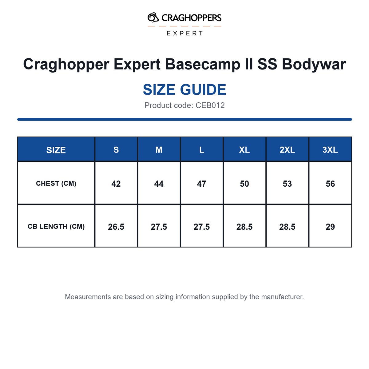 CEB012 Craghopper Expert Basecamp II SS Bodywar size guide (CEB012)