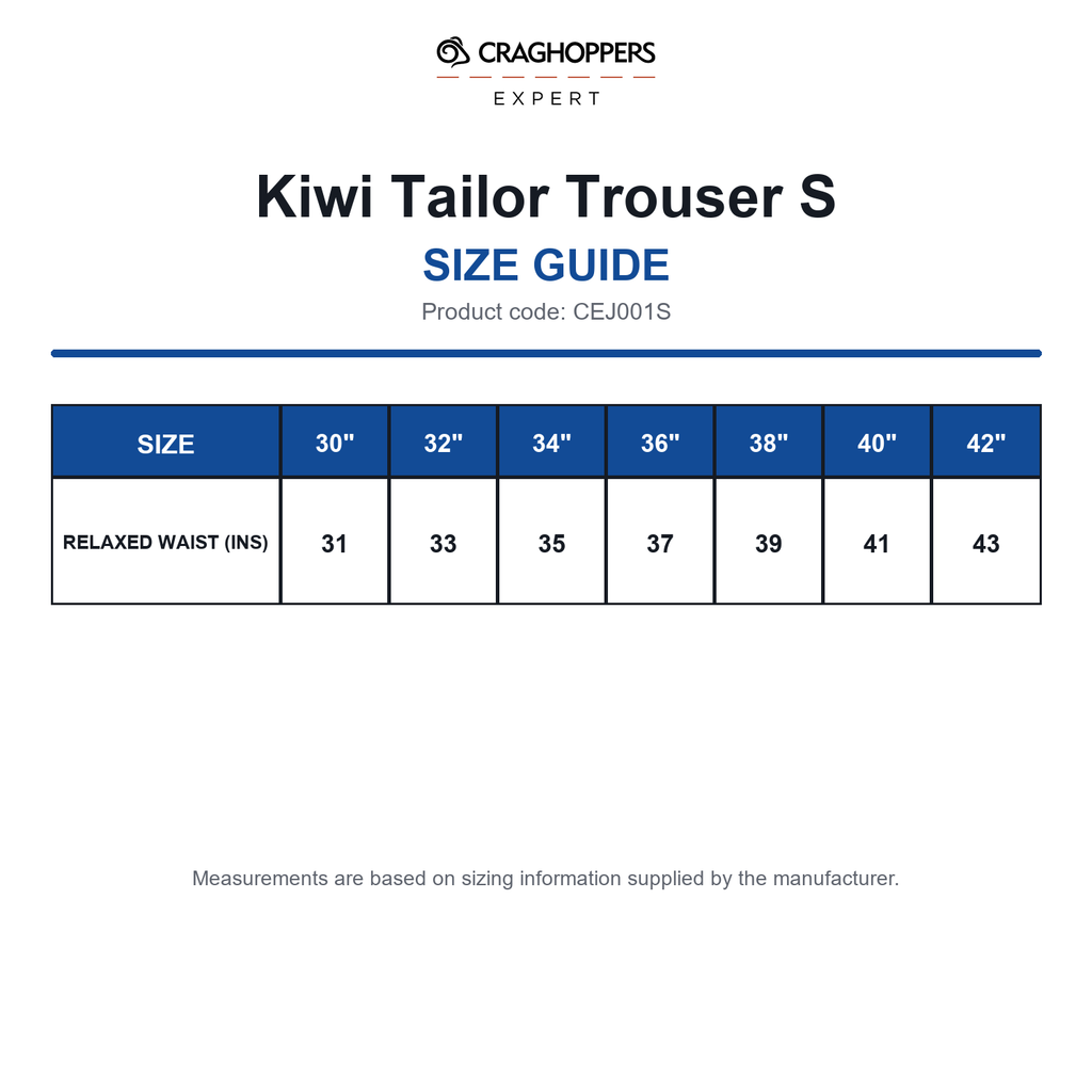 CEJ001S Craghoppers Expert Kiwi Tailor Trouser S size guide (CEJ001S)