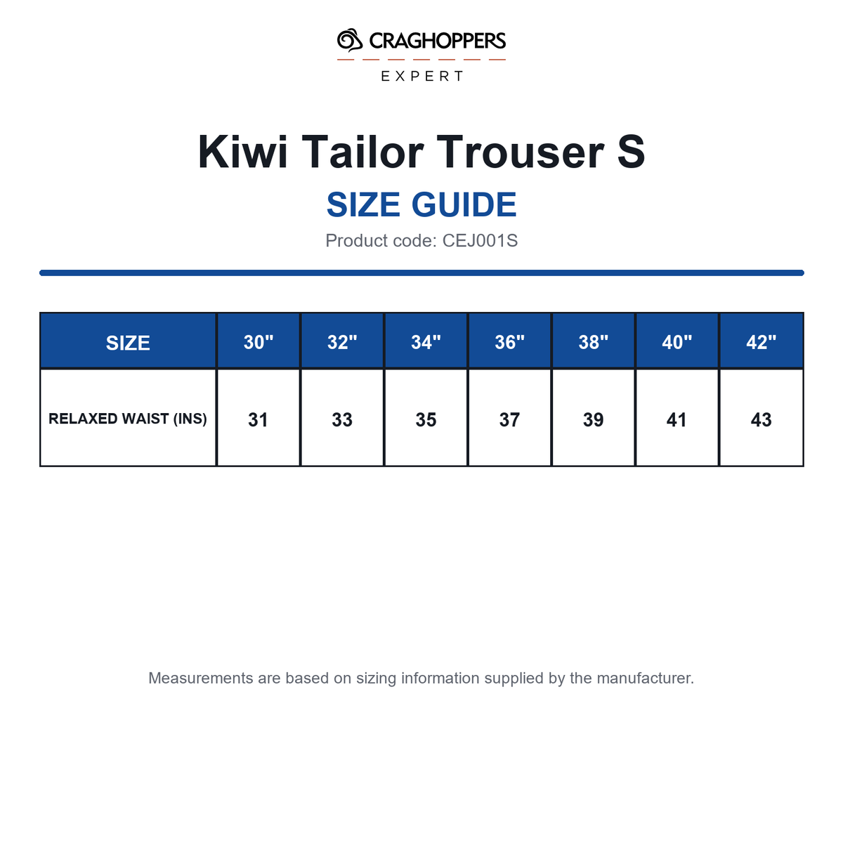 CEJ001S Craghoppers Expert Kiwi Tailor Trouser S size guide (CEJ001S)