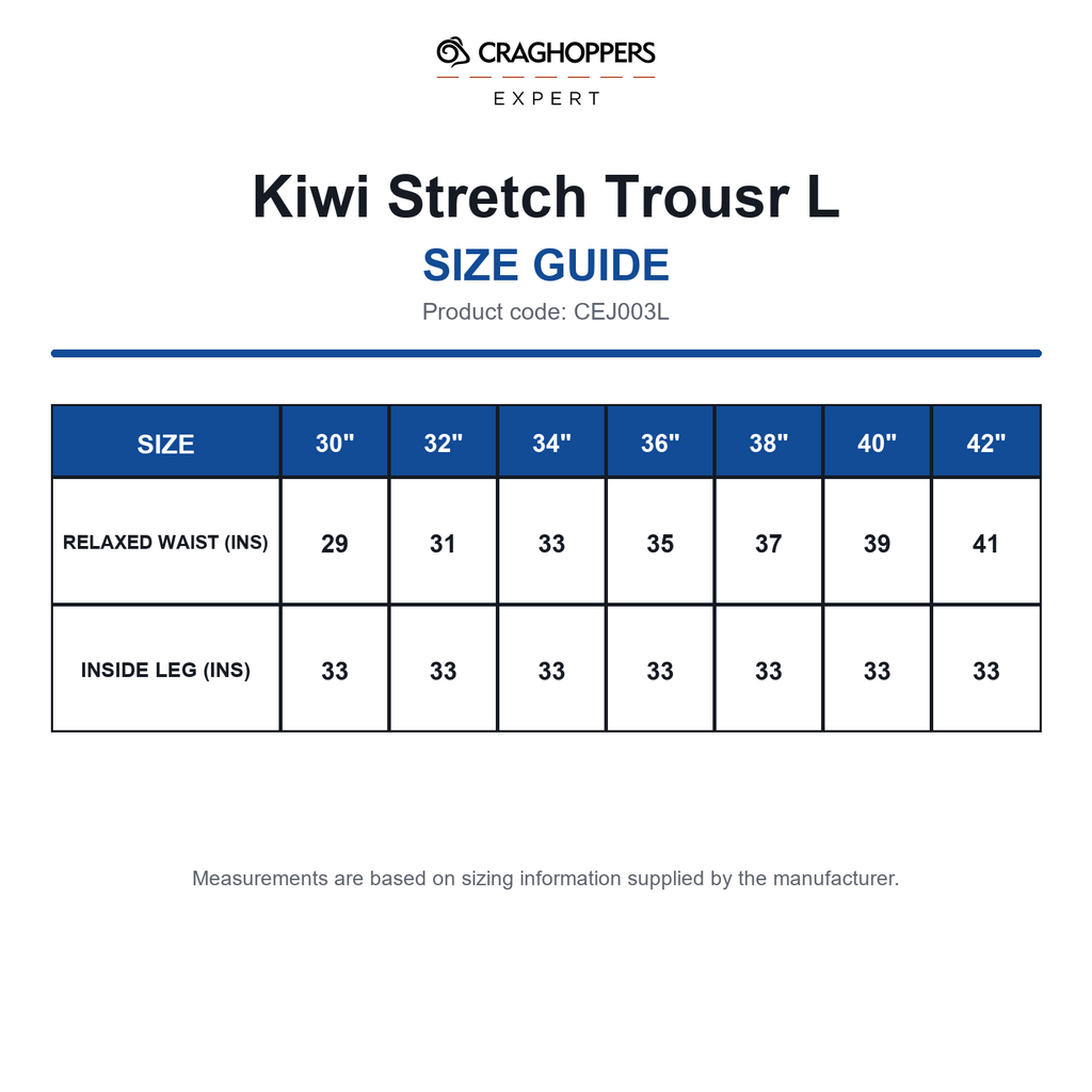 CEJ003L Craghoppers Expert Kiwi Stretch Trousr L size guide (CEJ003L)