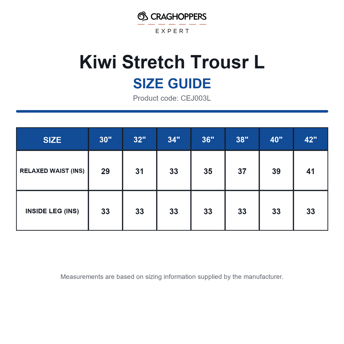 CEJ003L Craghoppers Expert Kiwi Stretch Trousr L size guide (CEJ003L)