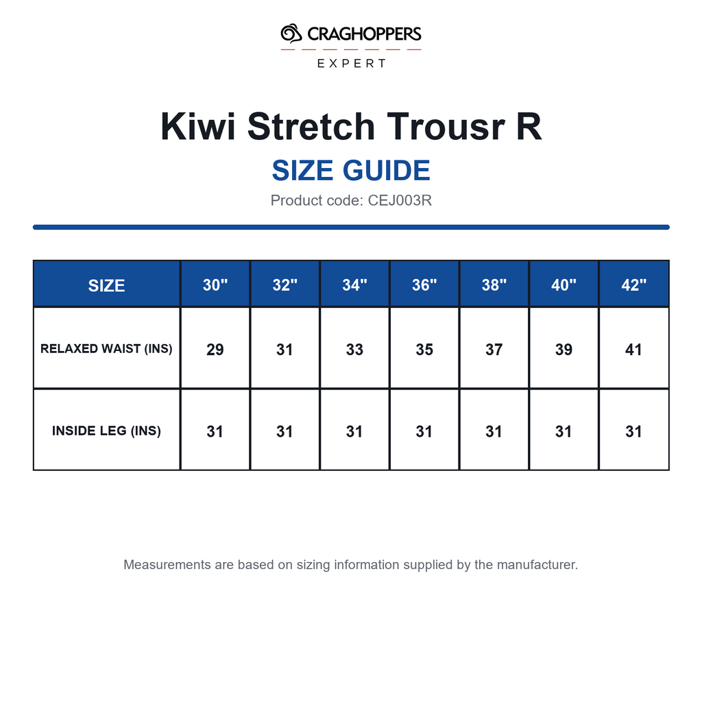 CEJ003R Craghoppers Expert Kiwi Stretch Trousr R size guide (CEJ003R)
