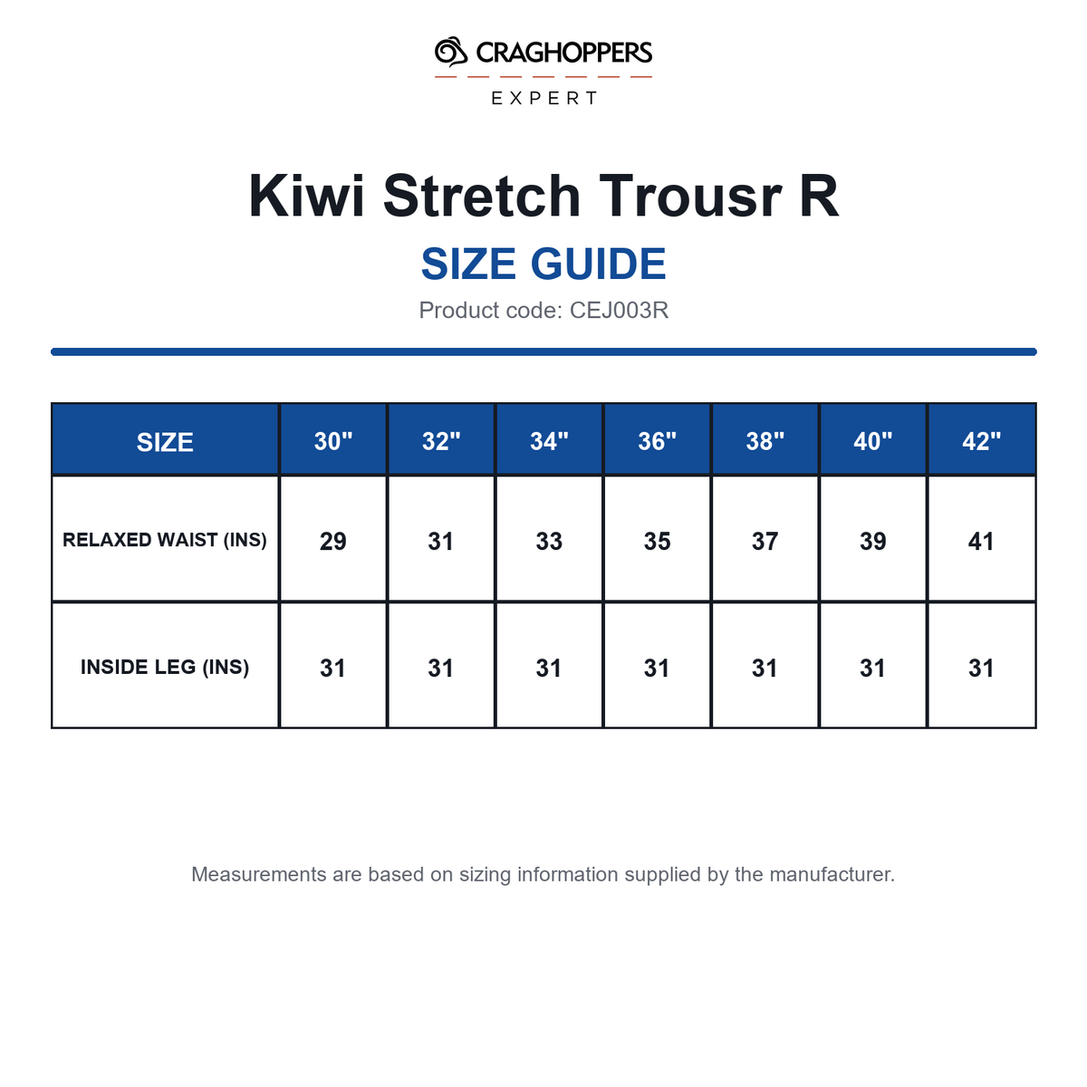 CEJ003R Craghoppers Expert Kiwi Stretch Trousr R size guide (CEJ003R)