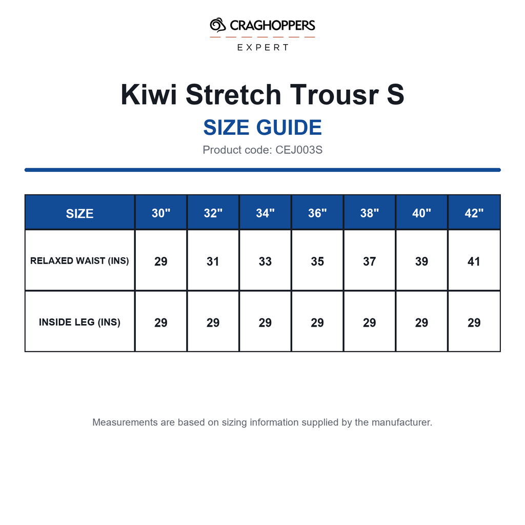 CEJ003S Craghoppers Expert Kiwi Stretch Trousr S size guide (CEJ003S)