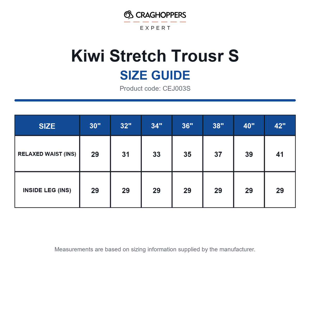 CEJ003S Craghoppers Expert Kiwi Stretch Trousr S size guide (CEJ003S)