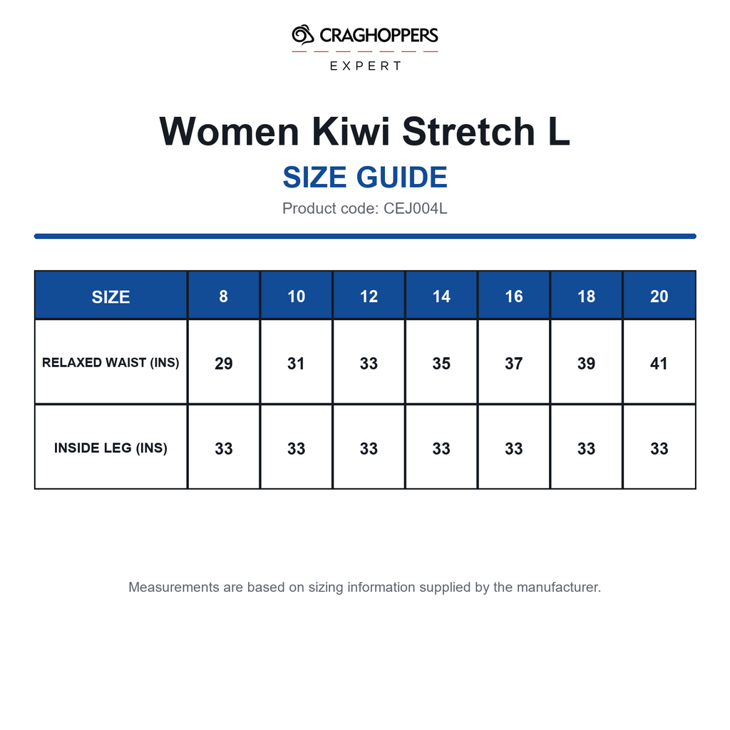 CEJ004L Craghoppers Expert Women Kiwi Stretch L size guide (CEJ004L)