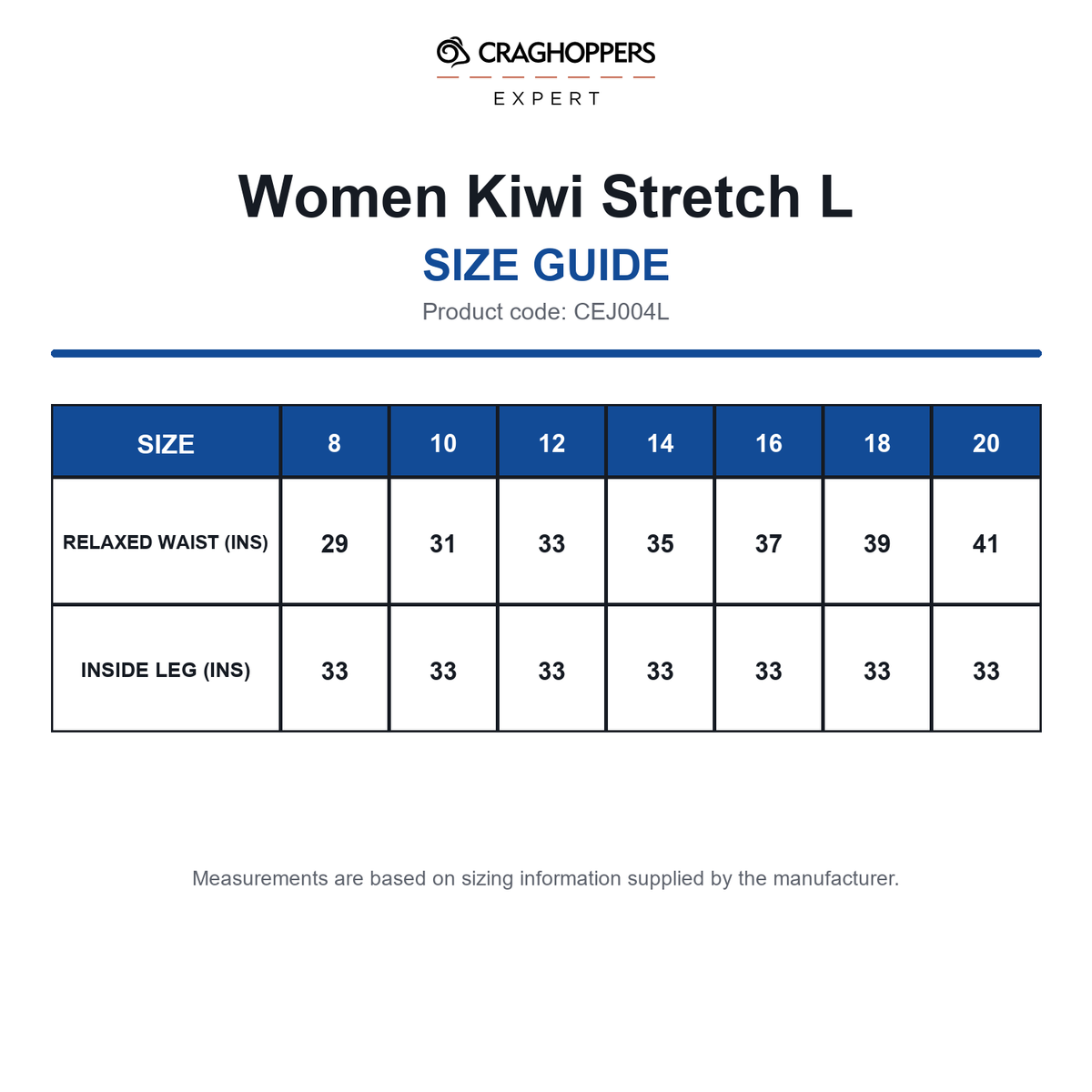 CEJ004L Craghoppers Expert Women Kiwi Stretch L size guide (CEJ004L)