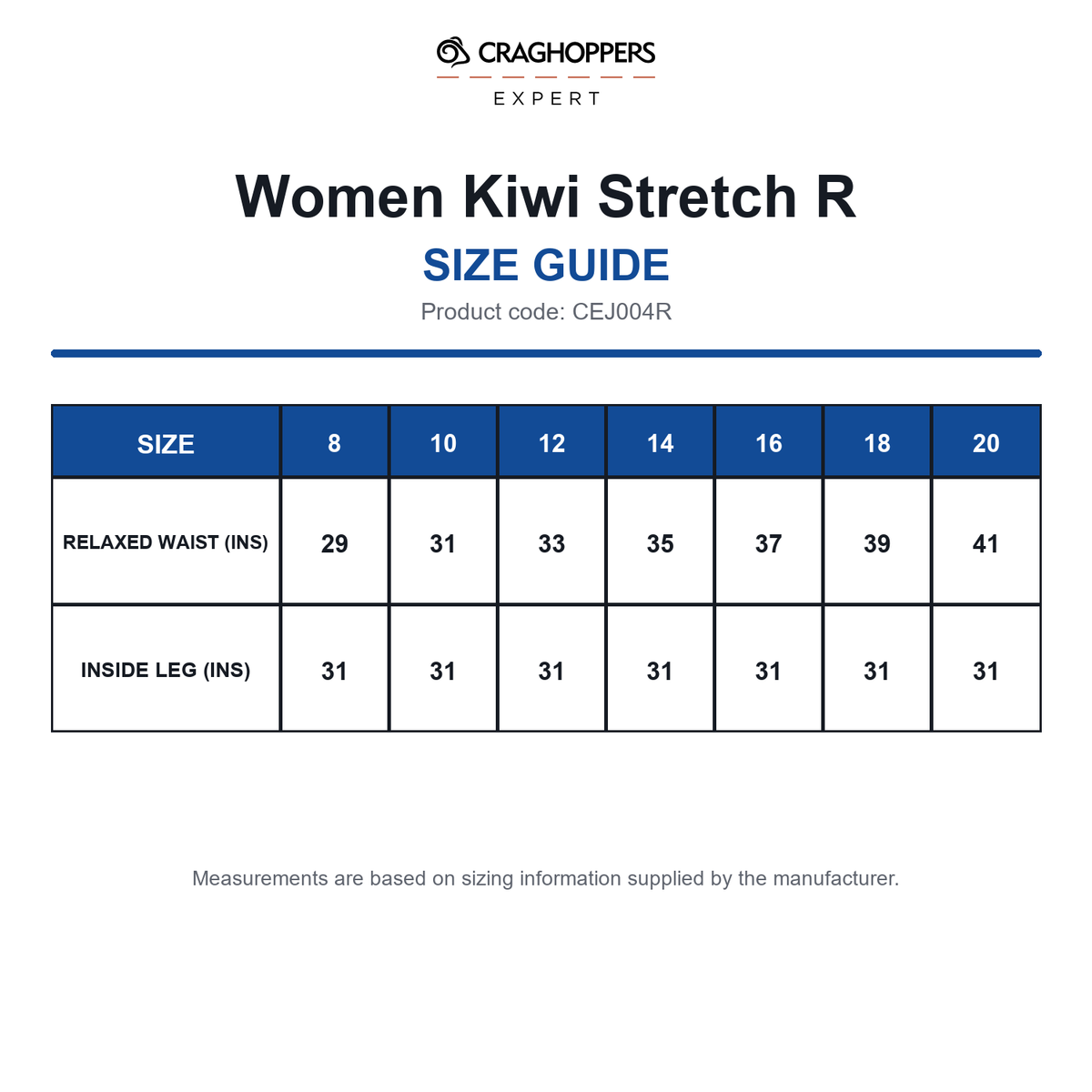 CEJ004R Craghoppers Expert Women Kiwi Stretch R size guide (CEJ004R)