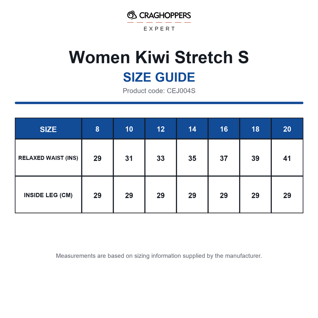 CEJ004S Craghoppers Expert Women Kiwi Stretch S size guide (CEJ004S)