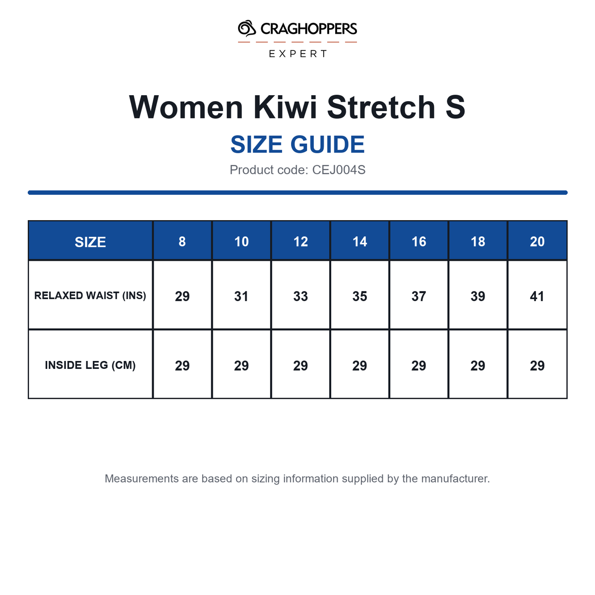 CEJ004S Craghoppers Expert Women Kiwi Stretch S size guide (CEJ004S)