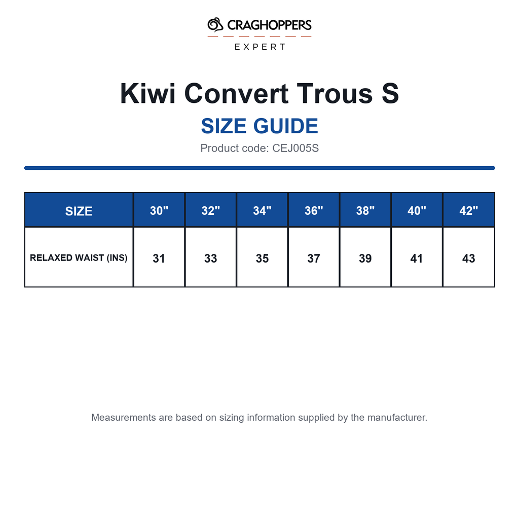 CEJ005S Craghoppers Expert Kiwi Convert Trous S size guide (CEJ005S)
