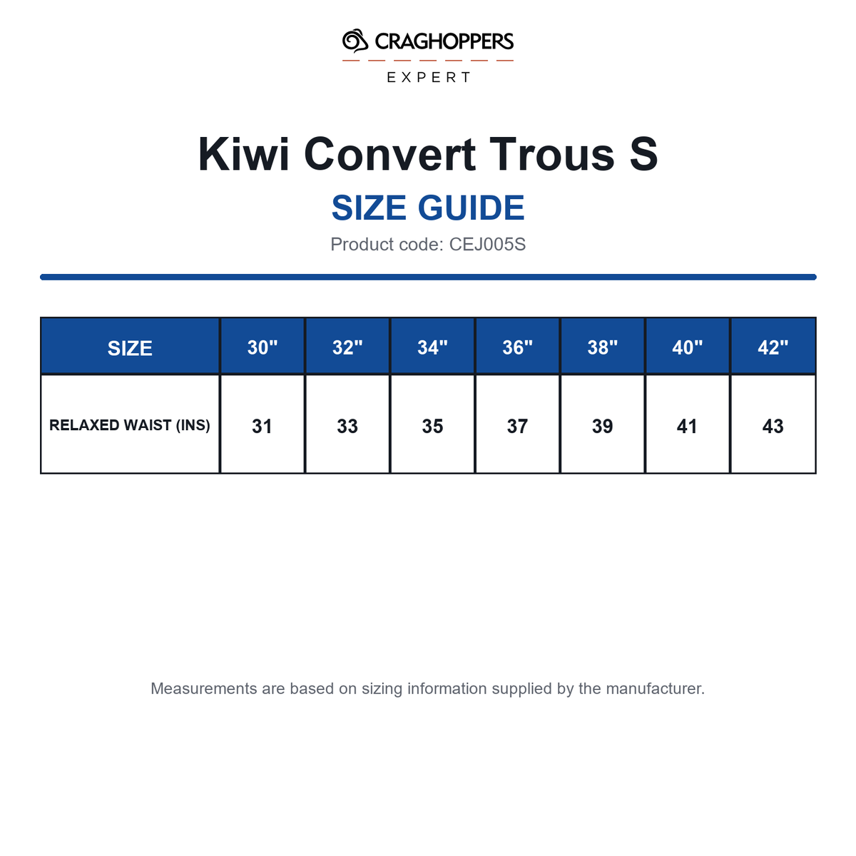 CEJ005S Craghoppers Expert Kiwi Convert Trous S size guide (CEJ005S)