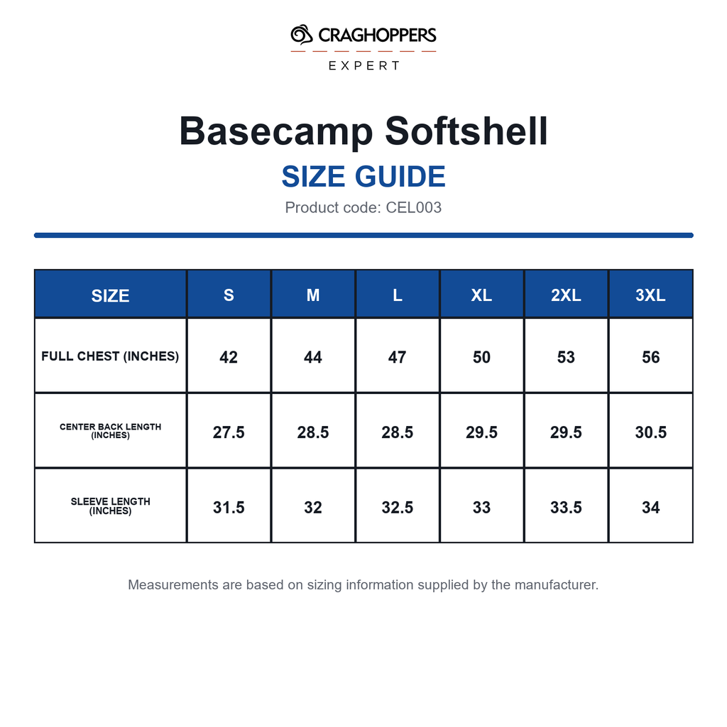 CEL003 Craghoppers Expert Basecamp Softshell size guide (CEL003)
