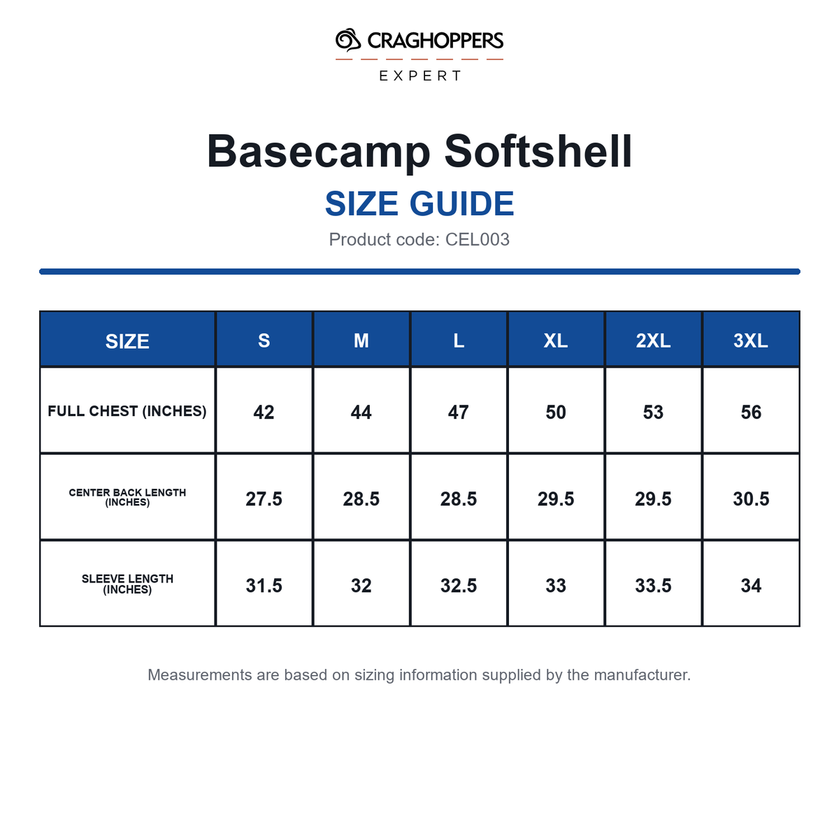 CEL003 Craghoppers Expert Basecamp Softshell size guide (CEL003)