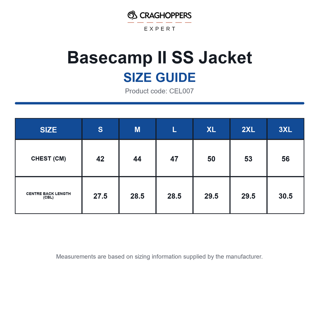 CEL007 Craghoppers Expert Basecamp II SS Jacket size guide (CEL007)