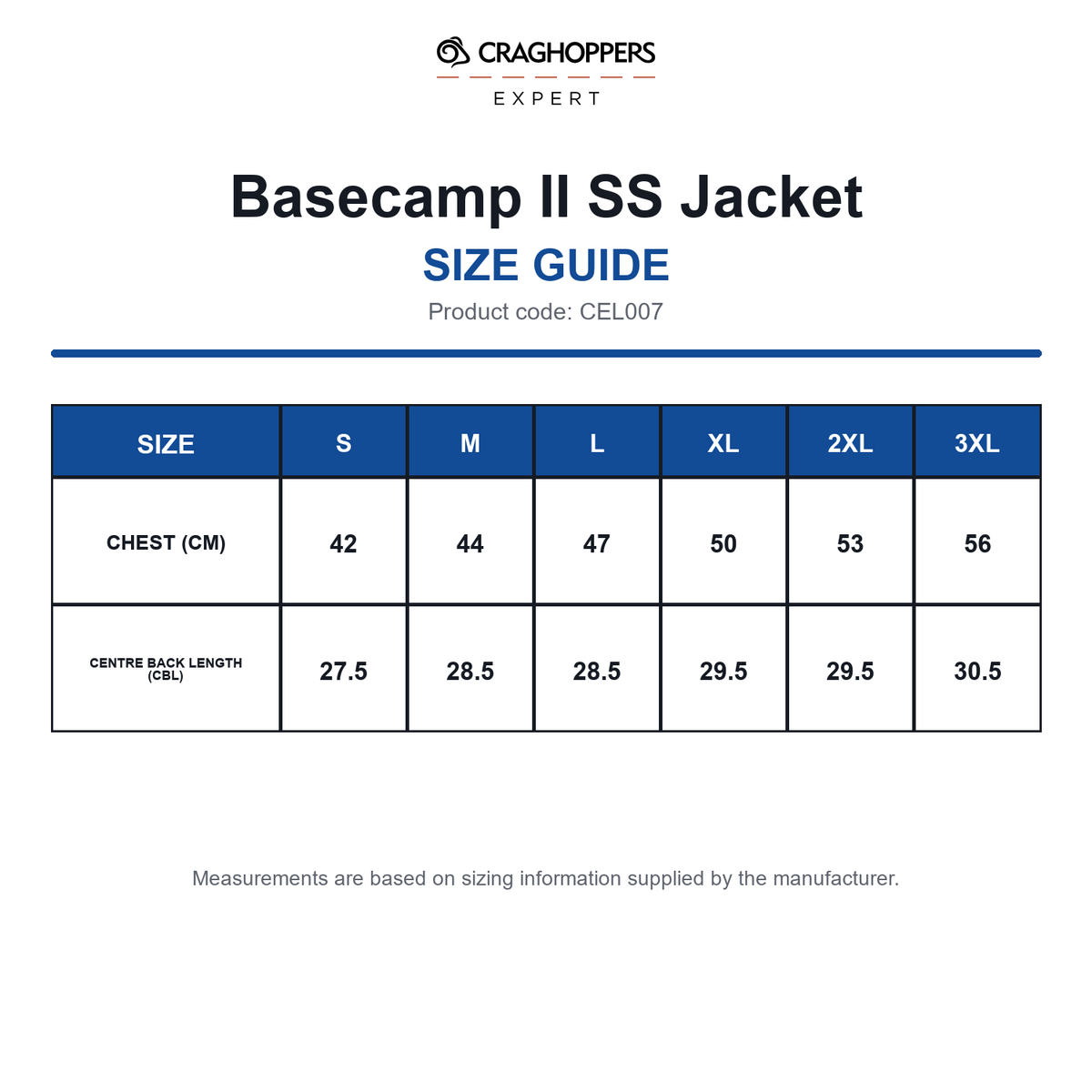 CEL007 Craghoppers Expert Basecamp II SS Jacket size guide (CEL007)
