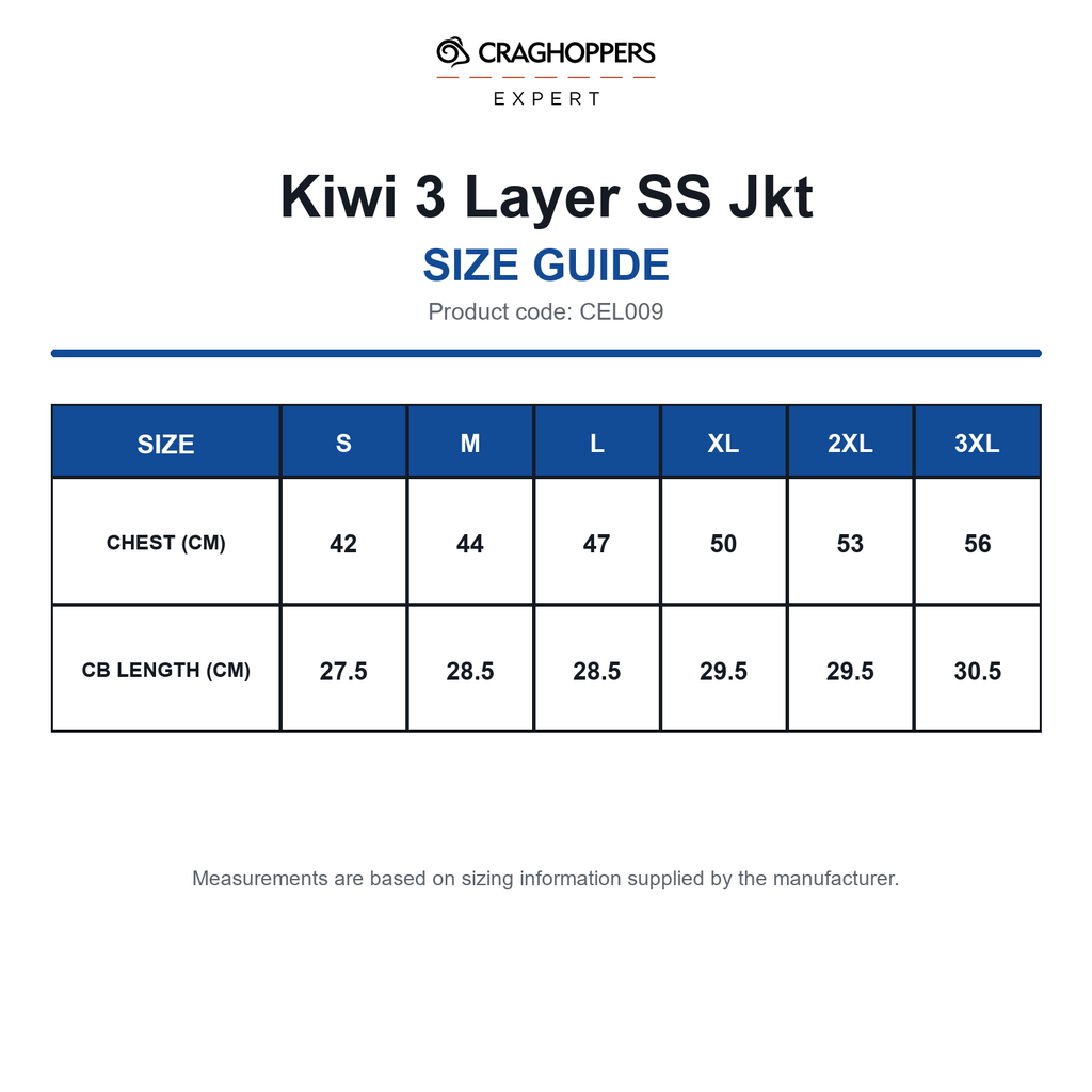 CEL009 Craghoppers Expert Kiwi 3 Layer SS Jkt size guide (CEL009)