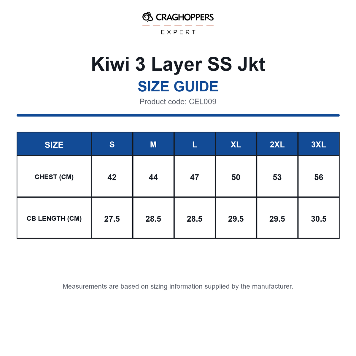 CEL009 Craghoppers Expert Kiwi 3 Layer SS Jkt size guide (CEL009)
