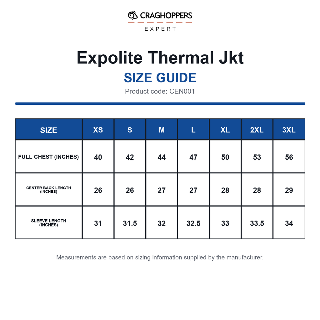 CEN001 Craghoppers Expert Expolite Thermal Jkt size guide (CEN001)
