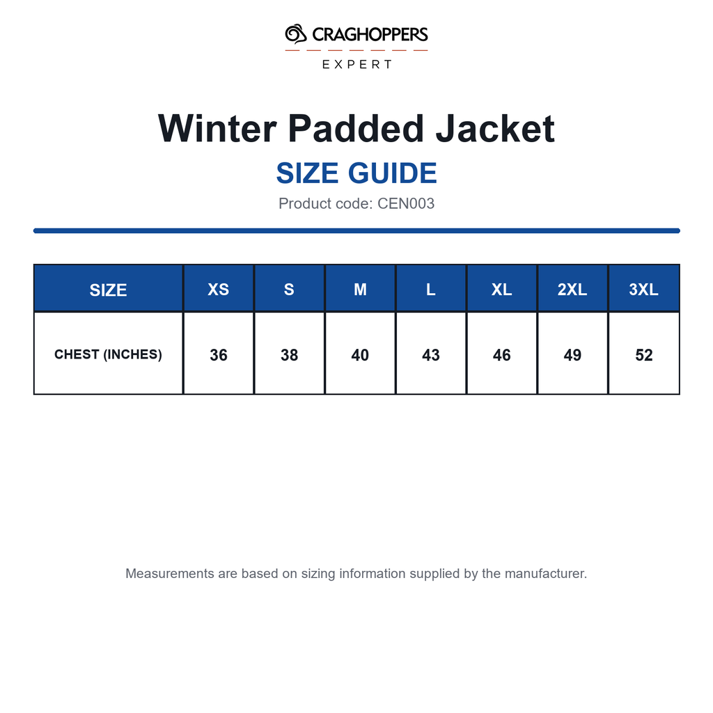 CEN003 Craghoppers Expert Winter Padded Jacket size guide (CEN003)