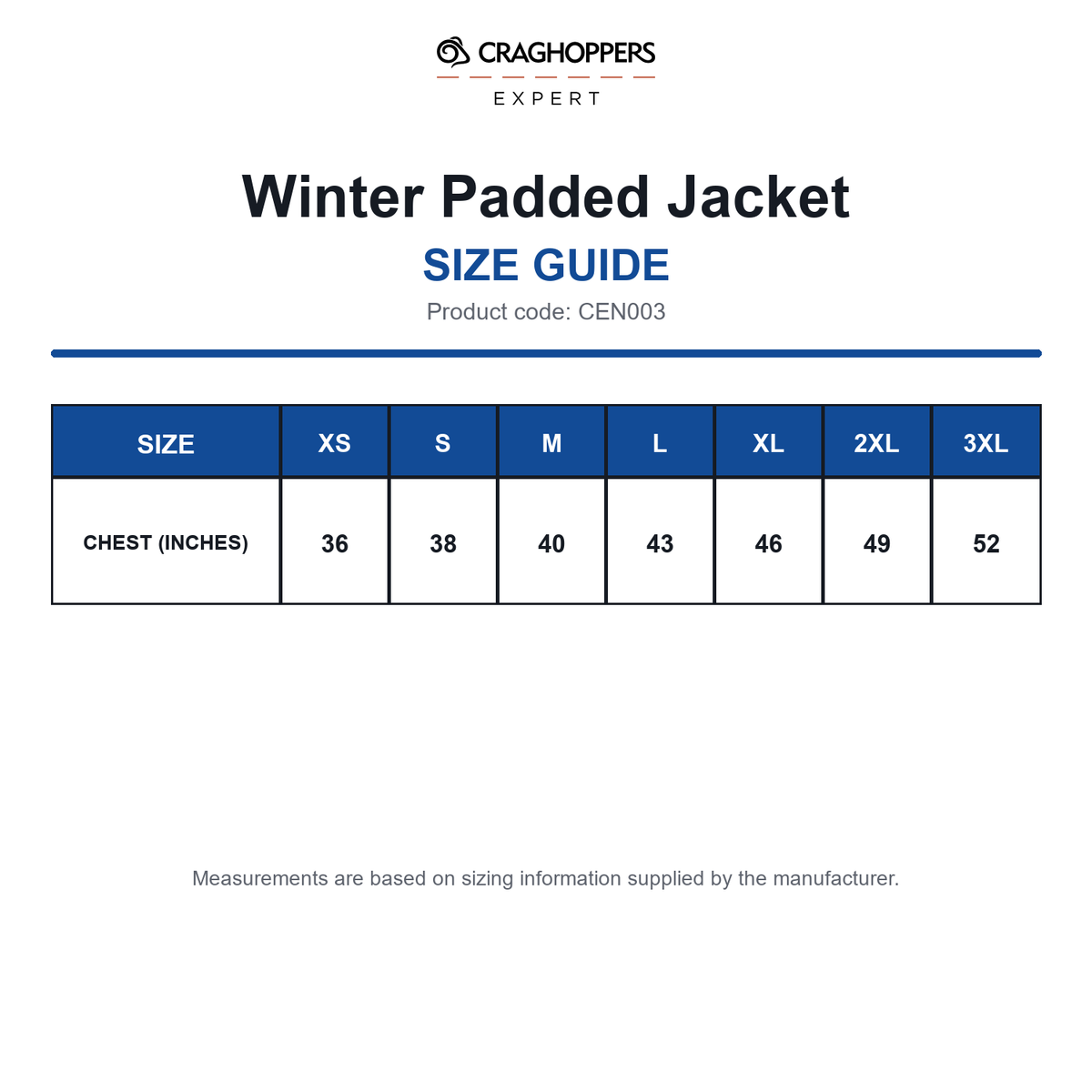 CEN003 Craghoppers Expert Winter Padded Jacket size guide (CEN003)