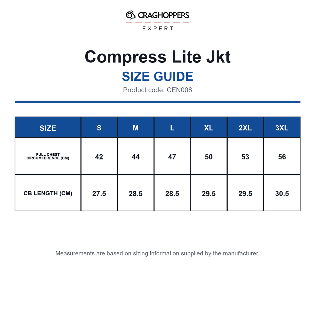 CEN008 Craghoppers Expert Compress Lite Jkt size guide (CEN008)