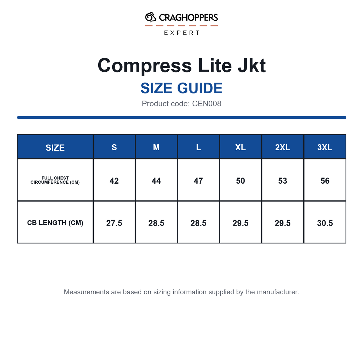 CEN008 Craghoppers Expert Compress Lite Jkt size guide (CEN008)