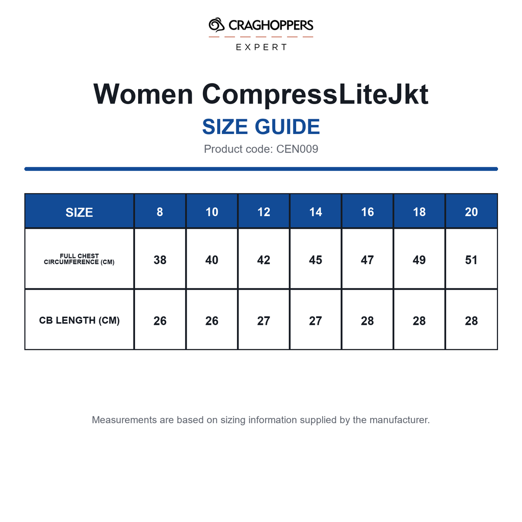 CEN009 Craghoppers Expert Women CompressLiteJkt size guide (CEN009)