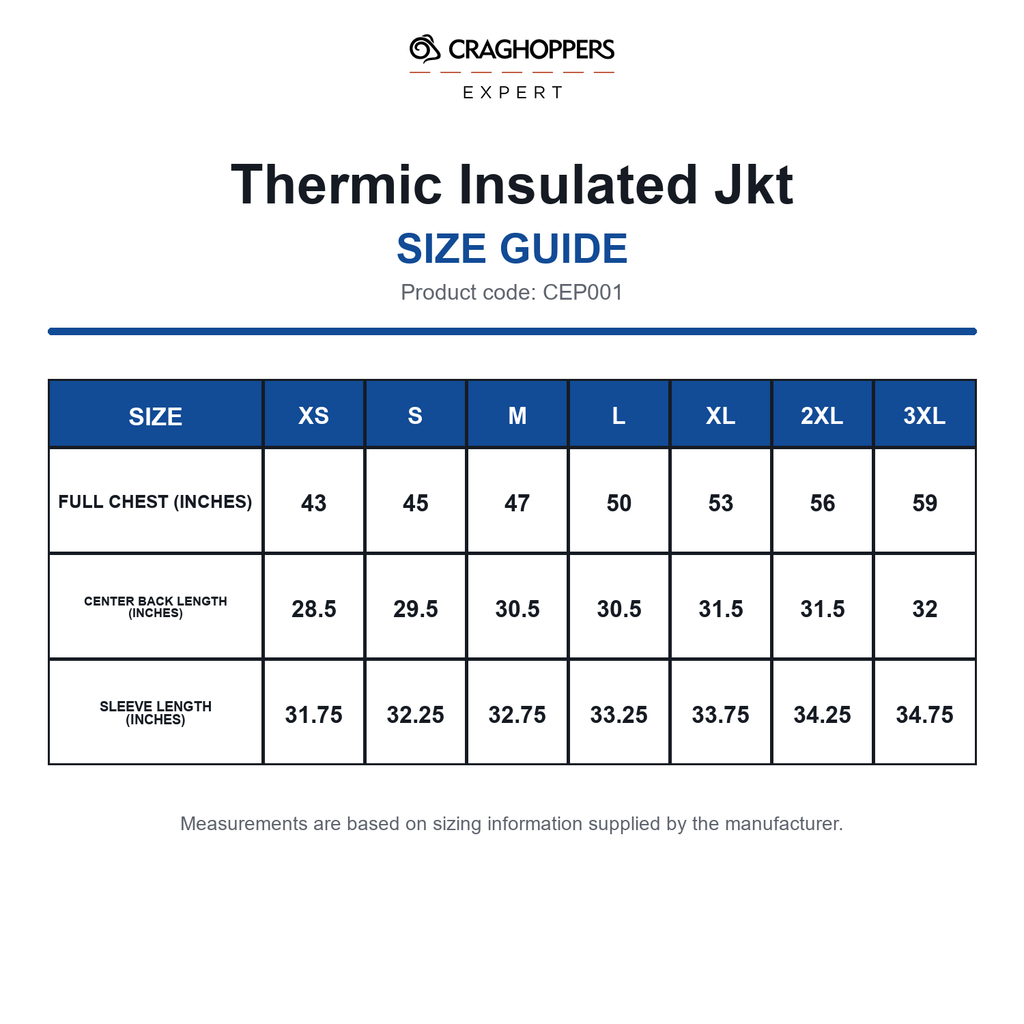 CEP001 Craghoppers Expert Thermic Insulated Jkt size guide (CEP001)