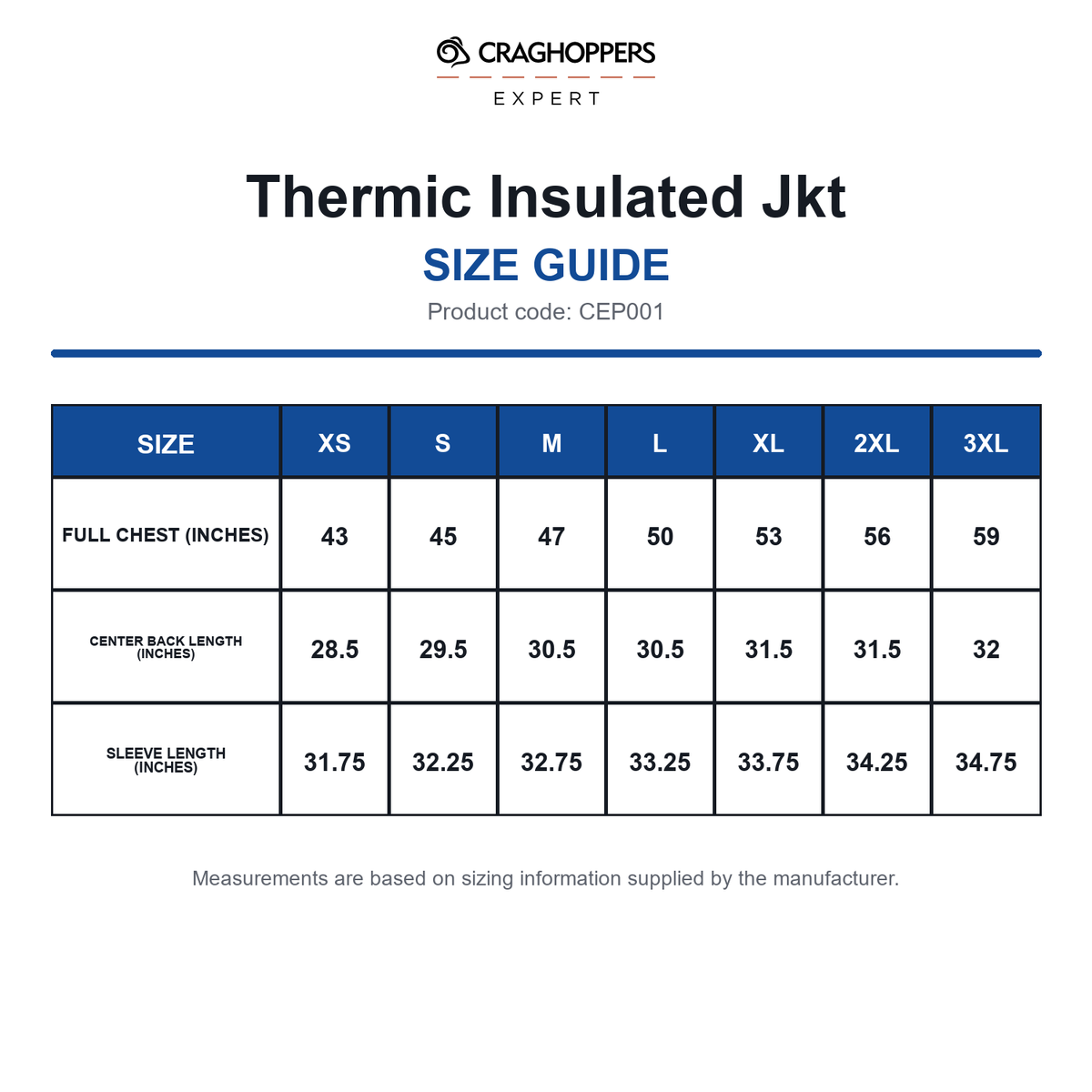 CEP001 Craghoppers Expert Thermic Insulated Jkt size guide (CEP001)