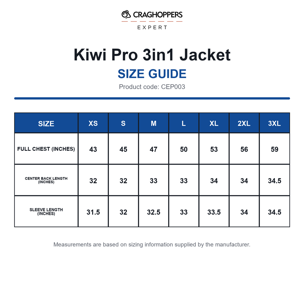 CEP003 Craghoppers Expert Kiwi Pro 3in1 Jacket size guide (CEP003)