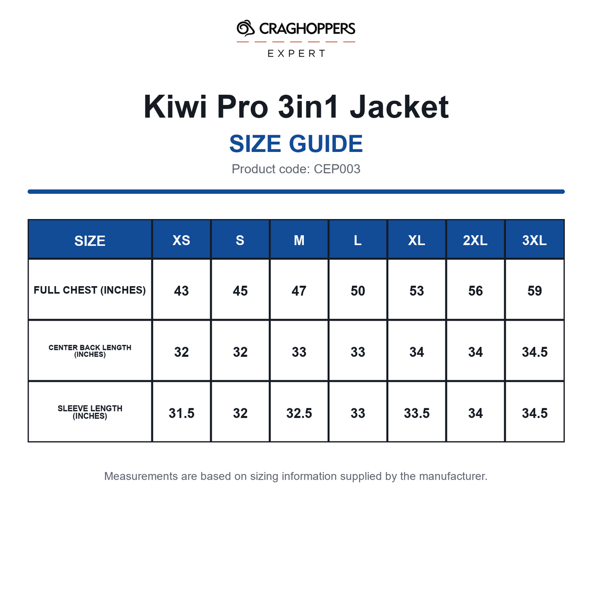 CEP003 Craghoppers Expert Kiwi Pro 3in1 Jacket size guide (CEP003)