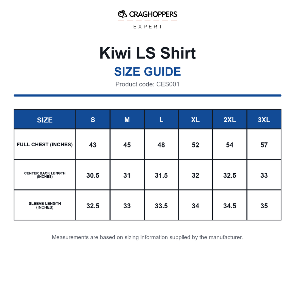 CES001 Craghoppers Expert Kiwi LS Shirt size guide (CES001)