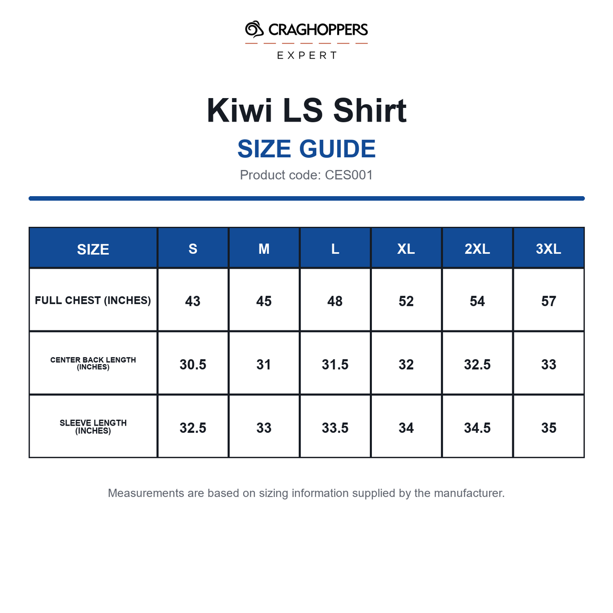 CES001 Craghoppers Expert Kiwi LS Shirt size guide (CES001)