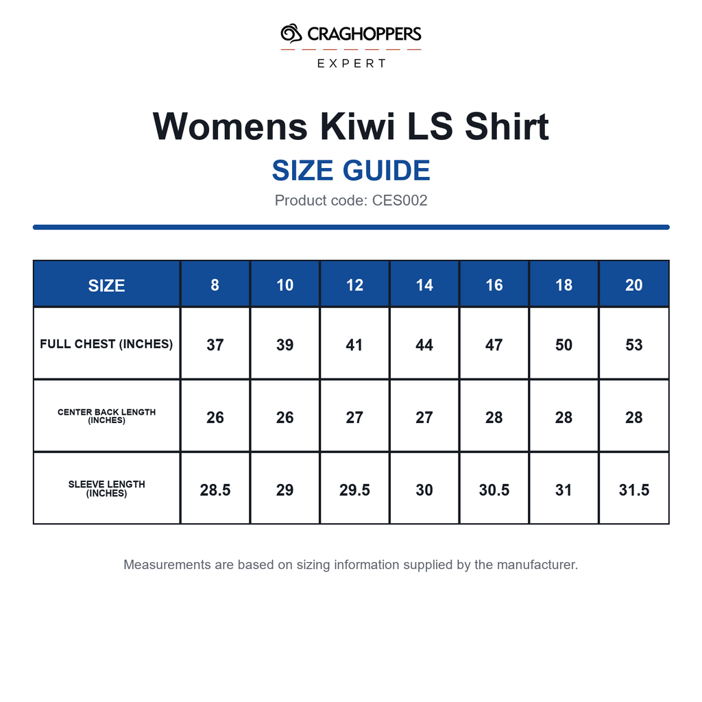 CES002 Craghoppers Expert Womens Kiwi LS Shirt size guide (CES002)