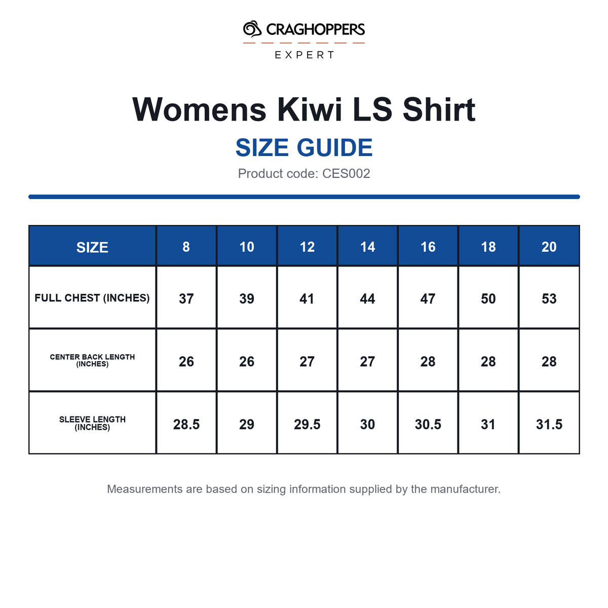CES002 Craghoppers Expert Womens Kiwi LS Shirt size guide (CES002)