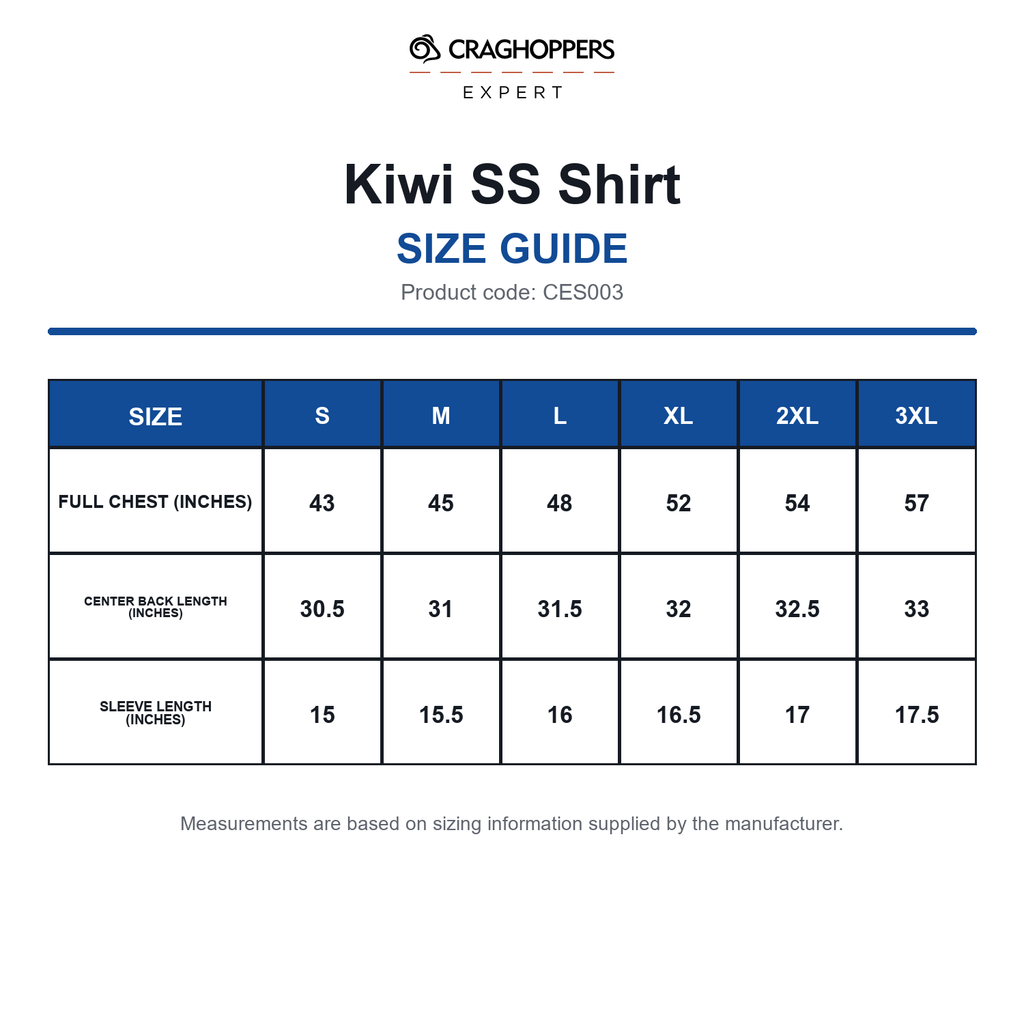 CES003 Craghoppers Expert Kiwi SS Shirt size guide (CES003)